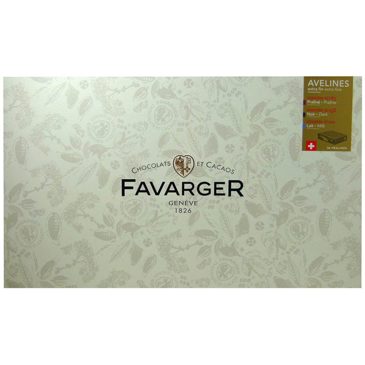 Assortiment de chocolats suisse Favarger - 36 Avelines noir, lait, praliné
