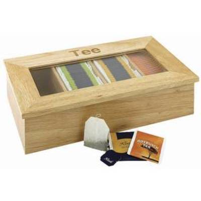 Boîte à thé 4 compartiments et couvercle vitré, matériau bois caoutchouc, 33,5 cm x 20,0 cm x 9,0 cm
