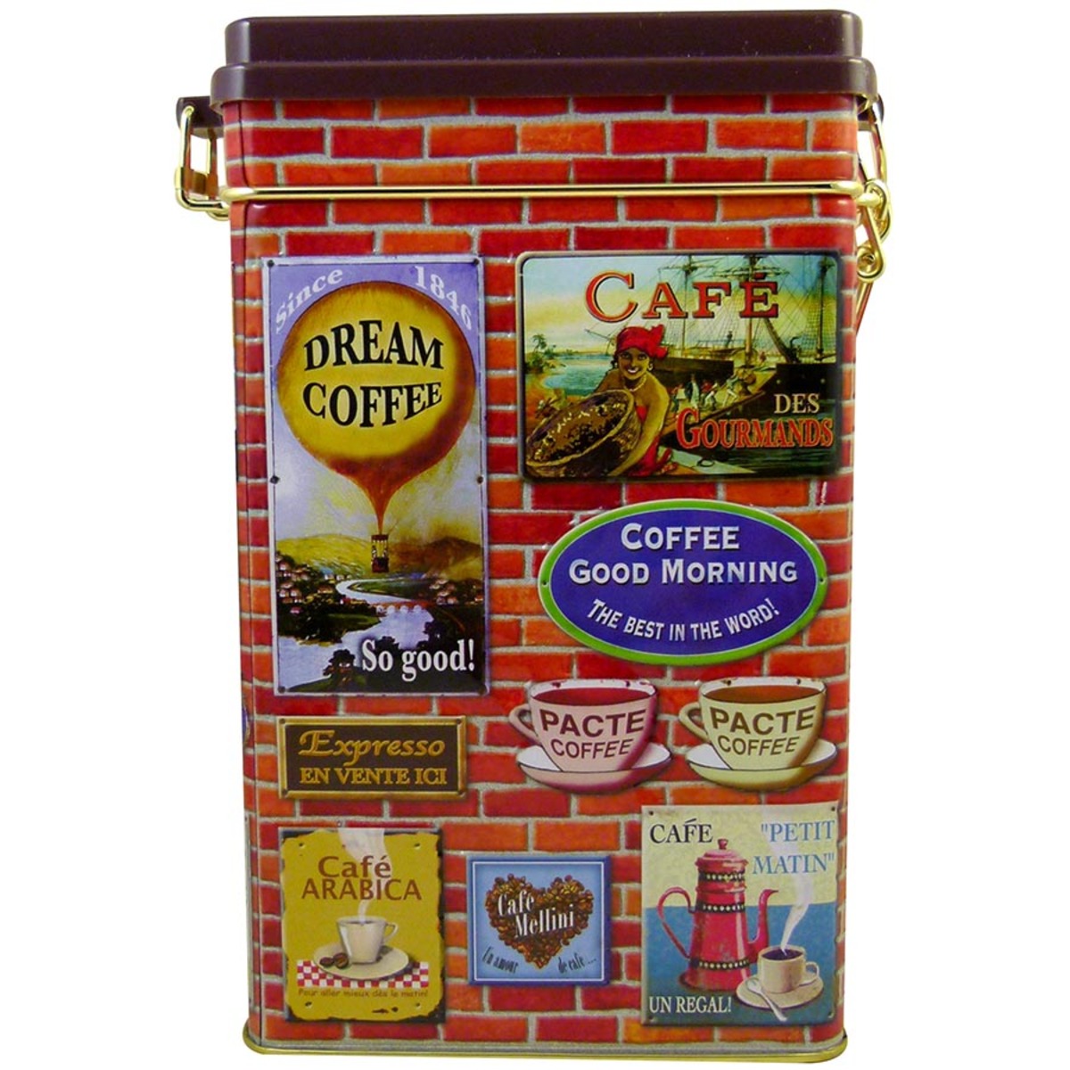 Boîte hermétique en métal pour le café au décor rétro mur de briques et affiches publicitaires en relief