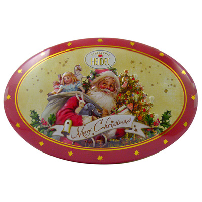 Boîte Nostalgie motif relief de Noël garnie de 20 boules de chocolat au lait fourrées à la praline
