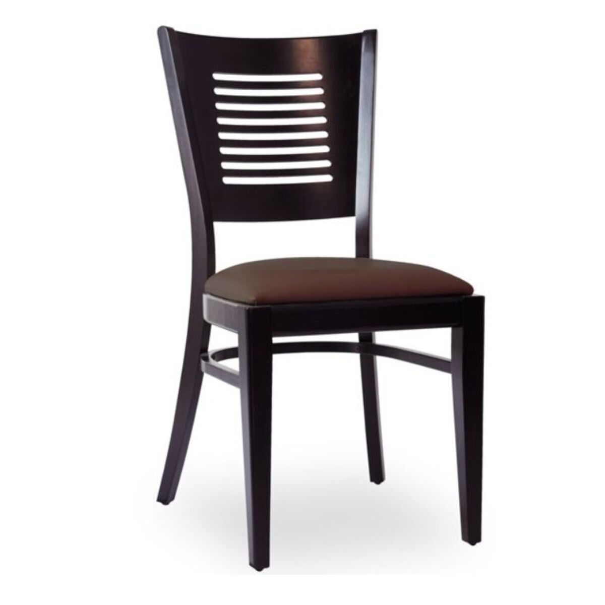 Chaise d’intérieur en bois avec assise rembourré en simili cuir marron