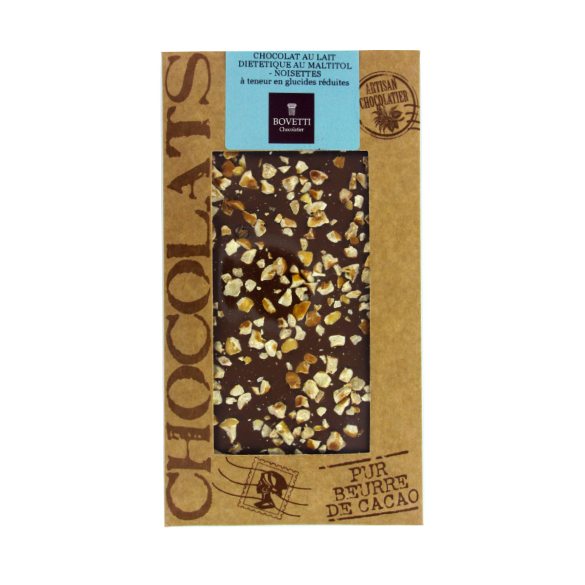 Chocolat au lait et noisettes Bovetti tablette diététique 100g