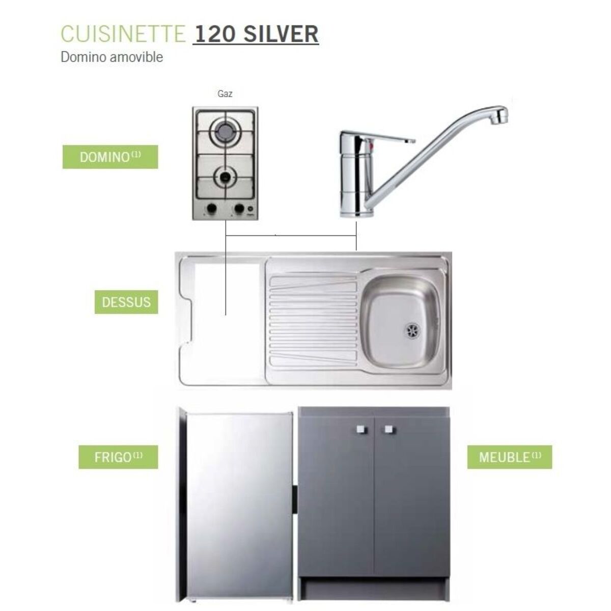 Kitchenette complète de longueur 1200 mm avec plaque de cuisson gaz