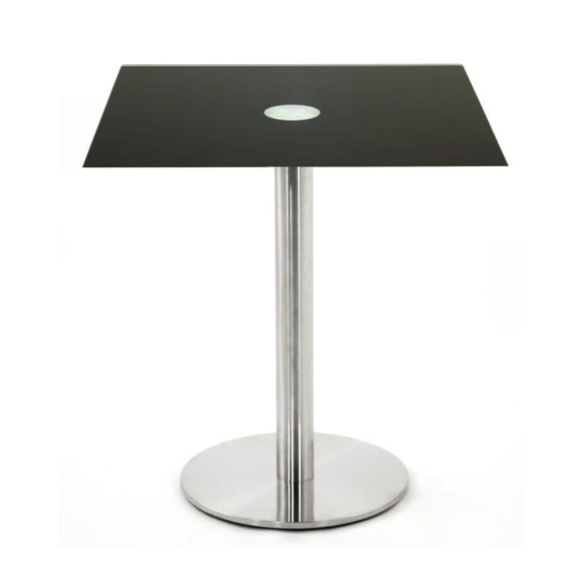 Table carré 60x60 cm en verre noir de hauteur 75 cm avec pied central en inox